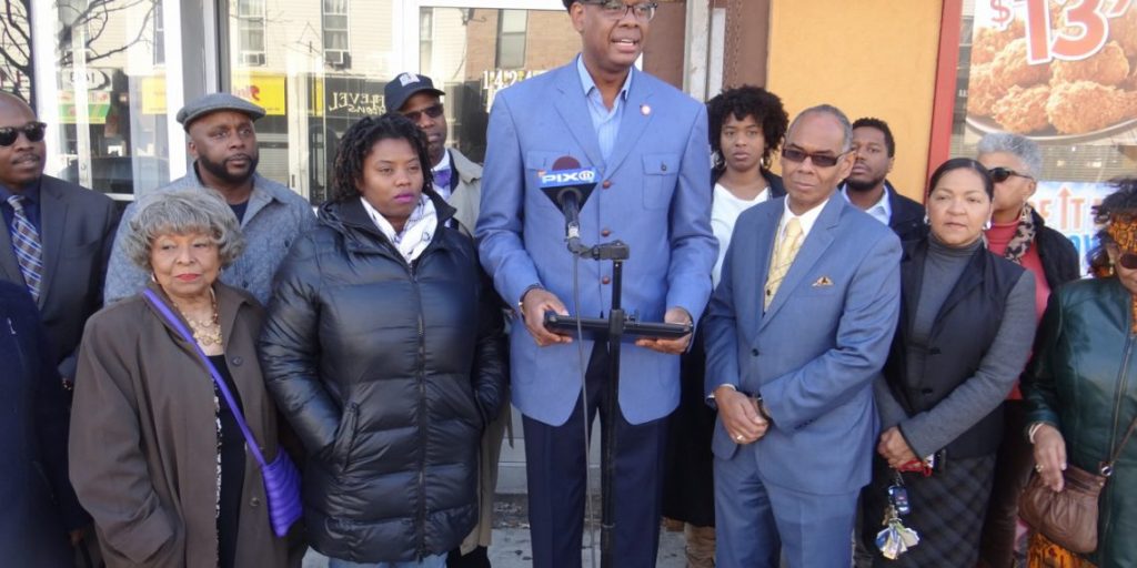 City Councilmember Robert Cornegy holds press conference on deed fraud. To his left L. Joy Williams, president of the NAACP, Brooklyn Chapter; the right, Richard Flateau, owner of Flateau Realty Corp